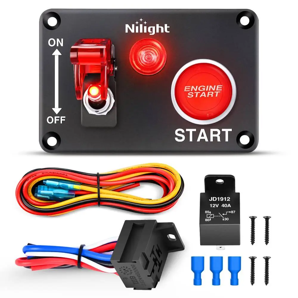 Nilight 12V Aluminum 2-in-1 Ignition Switch Panel with Rocker Switch, Engine Start Push Button, Safety Cover, Complete Kit Relay Wiring Harness, LED Indicator for RV, Truck
