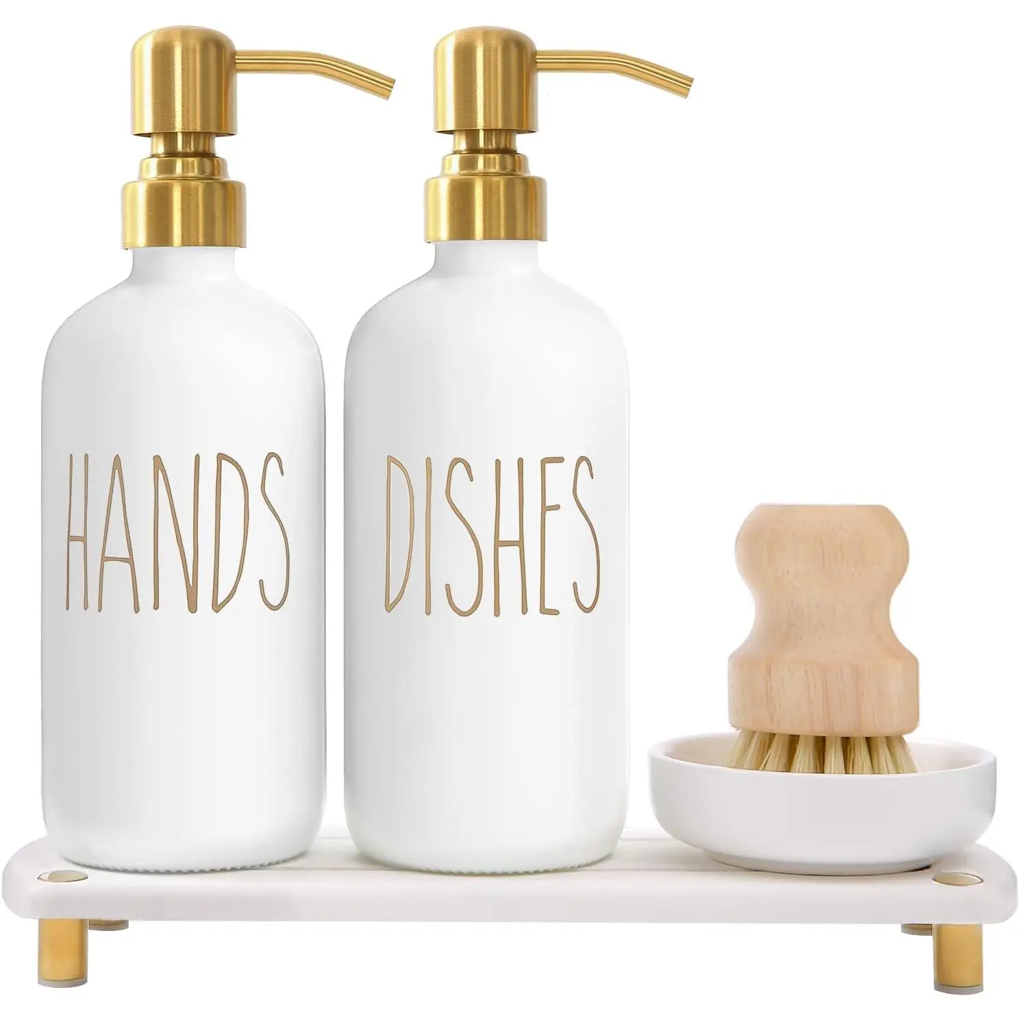 Reusable Gold Steel Soap Dispenser Set with Rustproof Stainless Steel Pumps, Instant Dry Tray, Dish Scrub Brush - Ideal for Kitchen Decor, Gifting (Mother's Day, Graduation), Steel Soap Dispensers, Rustproof Soap Dispensers