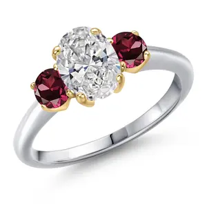 1.74cttw 10K White Gold IGI Certified Lab Grown Diamond and Red Rhodolite Garnet 3-Stone Engagement Ring For Women | Center 1.00 Ct Diamond | D-E Color | VS1-VS2 Clarity