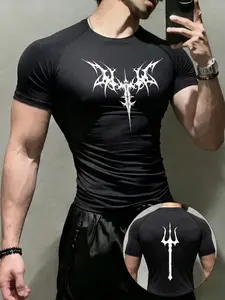 1pc Men's Black Compression Shirt  Gothic Print with Trident Back Graphic,Athletic Top for Gym & Bodybuilding, Breathable Quick Dry Athletic Performance Base Layer for Fitness Running Powerlifting Training, Sports Tops