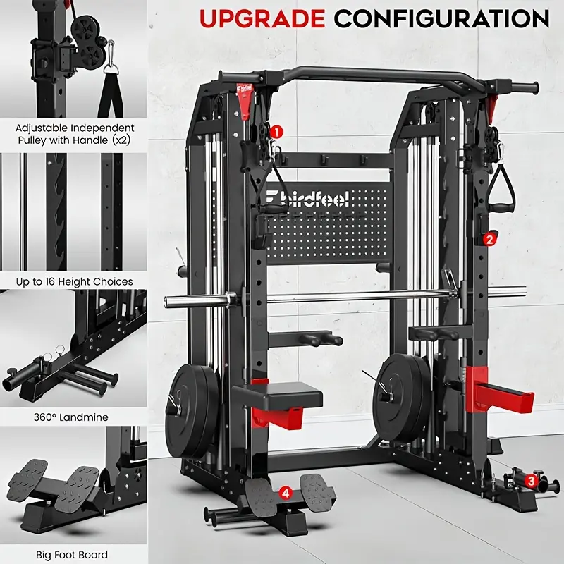 [Smith Machine Cage] Multi-Function 2000LB Smith Machine Power Cage, Home Gym Squat Rack Featuring LAT Pulldown, Dual Pulley Cable Crossover, Pegboard And Attachments