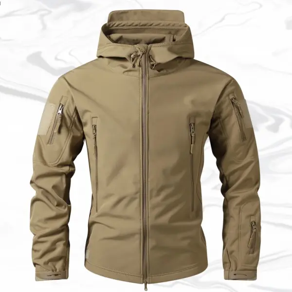 Men's Fitted Woven Casual Plain Long-Sleeve Hooded Coat - Outdoor Wear with Adjustable Tie-In Drawstring Hood, Multiple Zipper Pockets on Chest & Arms for Small Items, Beige Father's Day Gift, Jacket
