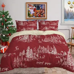 3-Piece Christmas Forest Red Reindeer Wooden House Quilt Set - Christmas Day Warm Decoration Quilt Set, Decorative Bedsheet Sets, Including 1 Quilt Set and 2 Pillowcases (without Padding)