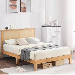 Queen Size Sturdy Rattan LED Platform Bed Frame, Natural Headboard, Underbed Storage, No Box Spring Needed, Noise-Free, Easy Assembly, Durable Bed Frames, Sturdy Bed Frame