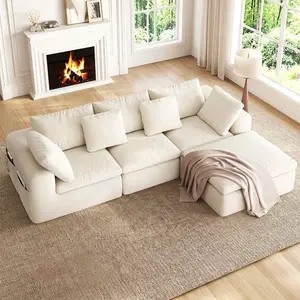 Sikaic 109" Modular Sectional Sofa with Ottoman, Convertible L-Shape Cloud Couch for Living Room, Chenille Deep Seat Sleeper with Storage Pockets, Beige summervibes