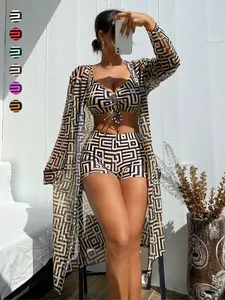 Three-piece Set Women's Geometric Print Bikini Set, Casual Adjustable Spaghetti Strap Drawstring Swim Top & Swim Shorts & Long Sleeve Cover Up, Swimsuit for Women, Bikinis Sets, Swimsuit Style Swimsuits Bikinis, Beachwear, Colorblock Print Bikini