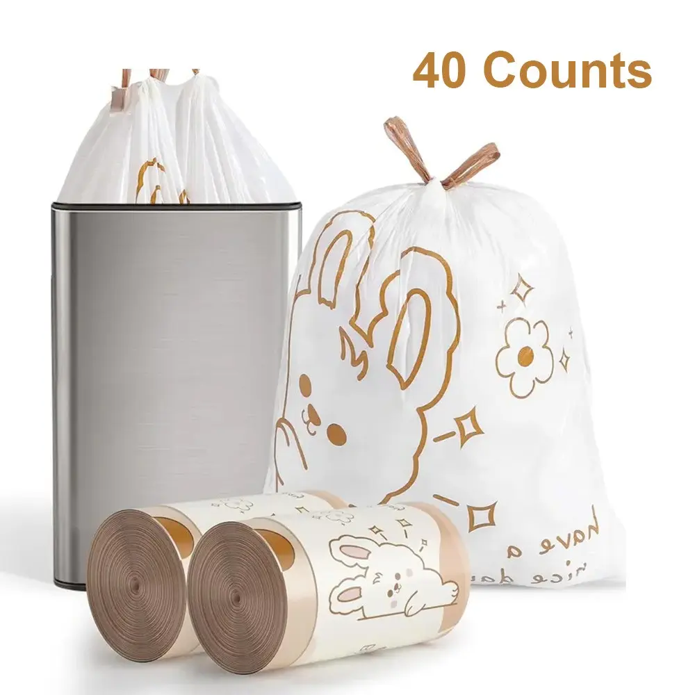 4 Gallon Small Trash bags Drawstring ，small Bathroom Garbage Bags， 20 pcs / 40 pcs Trash-Can-Liners for Bathroom Kitchen Office，White rabbit print Playful style 4-gallon small trash can Liners