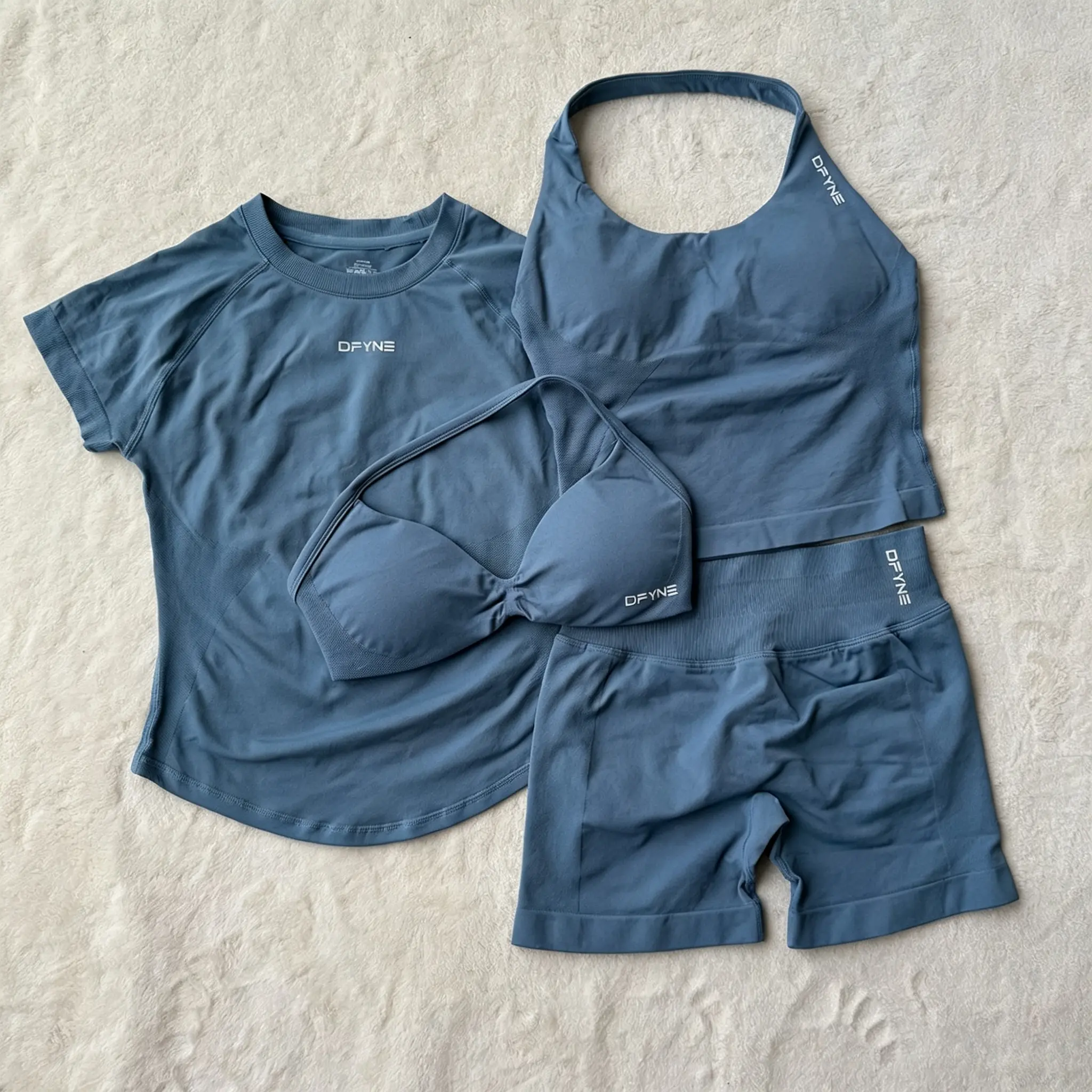 DFYNE 4 Piece Gym Set – Seamless Halter Top, Short Sleeve Shirt & Booty Lift Scrunch Shorts Activewear