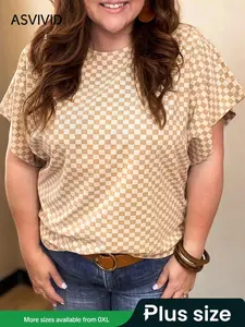【Plus Size】 Plaid Print Round Neck Tee, Casual Short Sleeve Crew Neck T-shirt for Summer, Women's Plus Clothing for Daily Wear, Womenswear