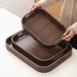 [1pcs Bamboo Serving Tray] 1pc Elegant Bamboo Serving Tray in Walnut Finish | Artistic Grid Design, Rectangular Wooden Platter for Tea, Fruits, BBQ, Dessert Plates, and Decor, Perfect for Living Room, Bedroom, Office, Gift Giving, Non-Food Contact