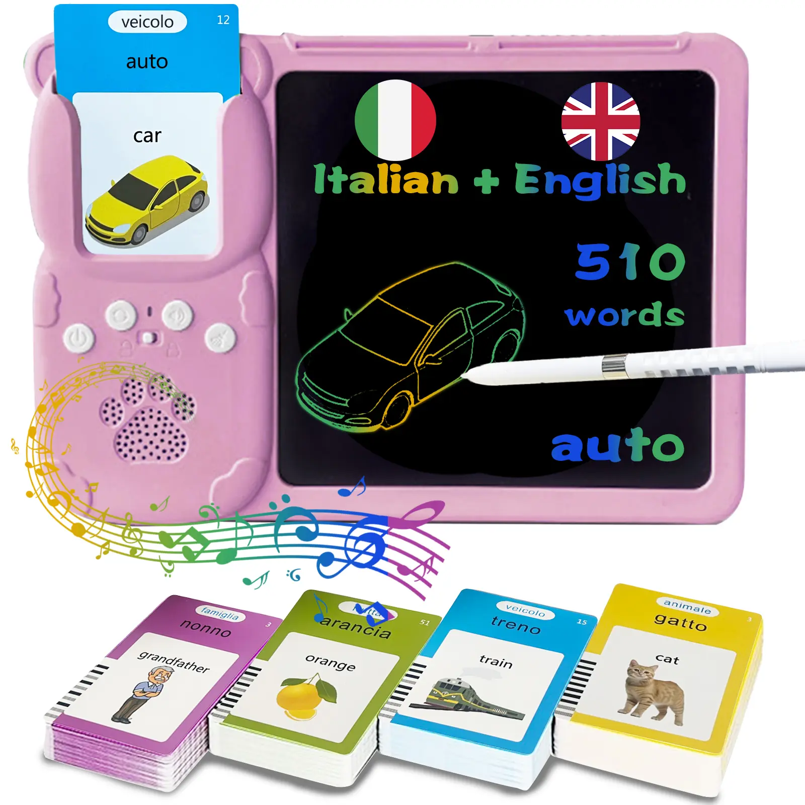 Bilingual English Italian Talking Flash Cards with Writing Tablet - 8" LCD Tablet for Writing, Messing-Free Drawing Pad, 510 Daily Words, Speaking Sensory Toys for Autistic Children, Educational Toys Gifts for Boys Girls 3-12, Language Learning Tool, Pink