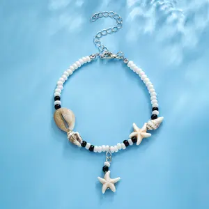 Handmade Ocean Starfish Shell Anklet for Women(1 Pack), Adjustable Summer Beach Seed Bead Ankle Bracelet, Boho Layered Foot Jewelry with Cowrie Shell & Starfish Charms, Vacation Essentials