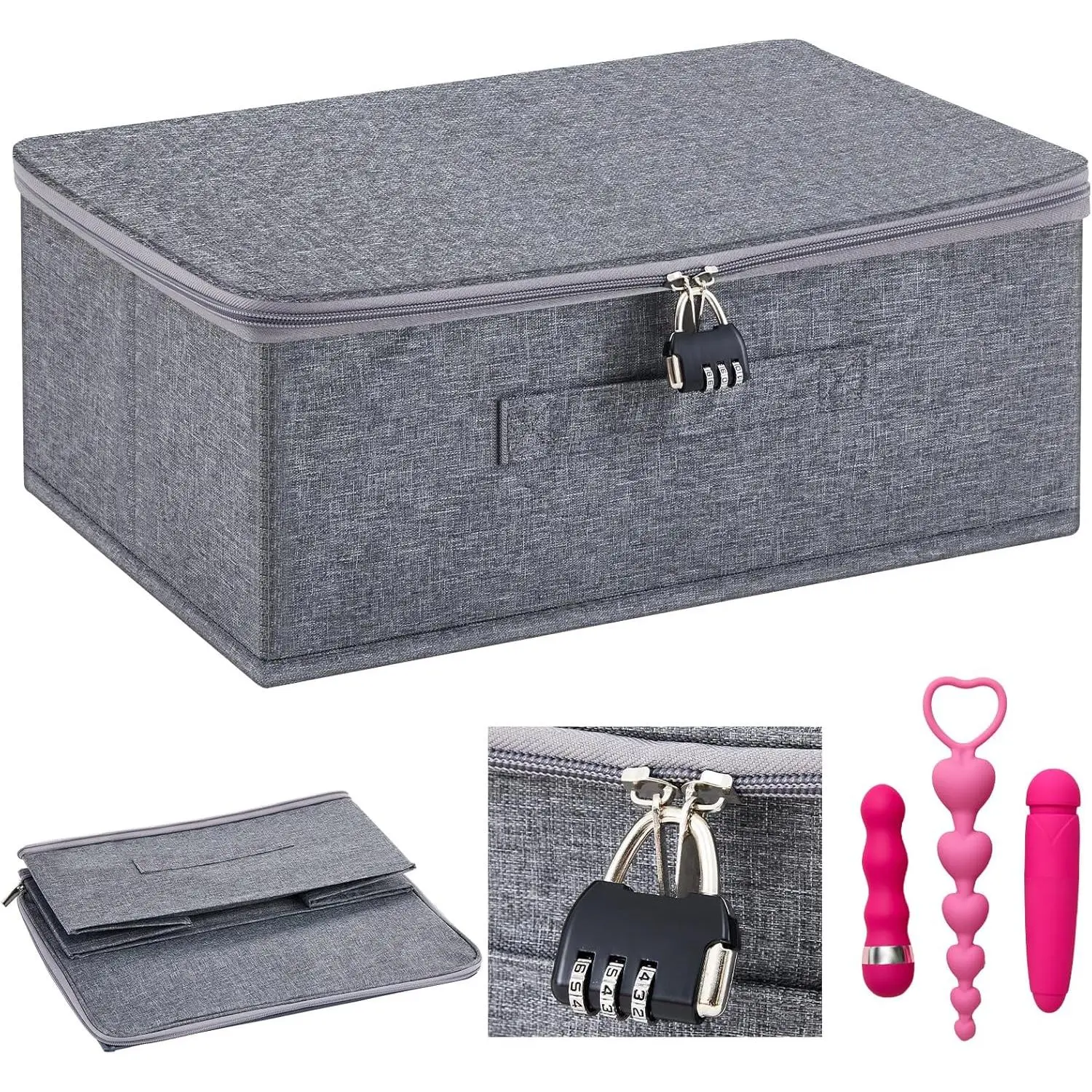 Gray Lockable Rectangle Synthetic Storage Box Organiser - Modern Home Organizer with Zip Lid, Key Lock, 15x10x6.3 inches for Bedroom Closet Adult Toy Stashing