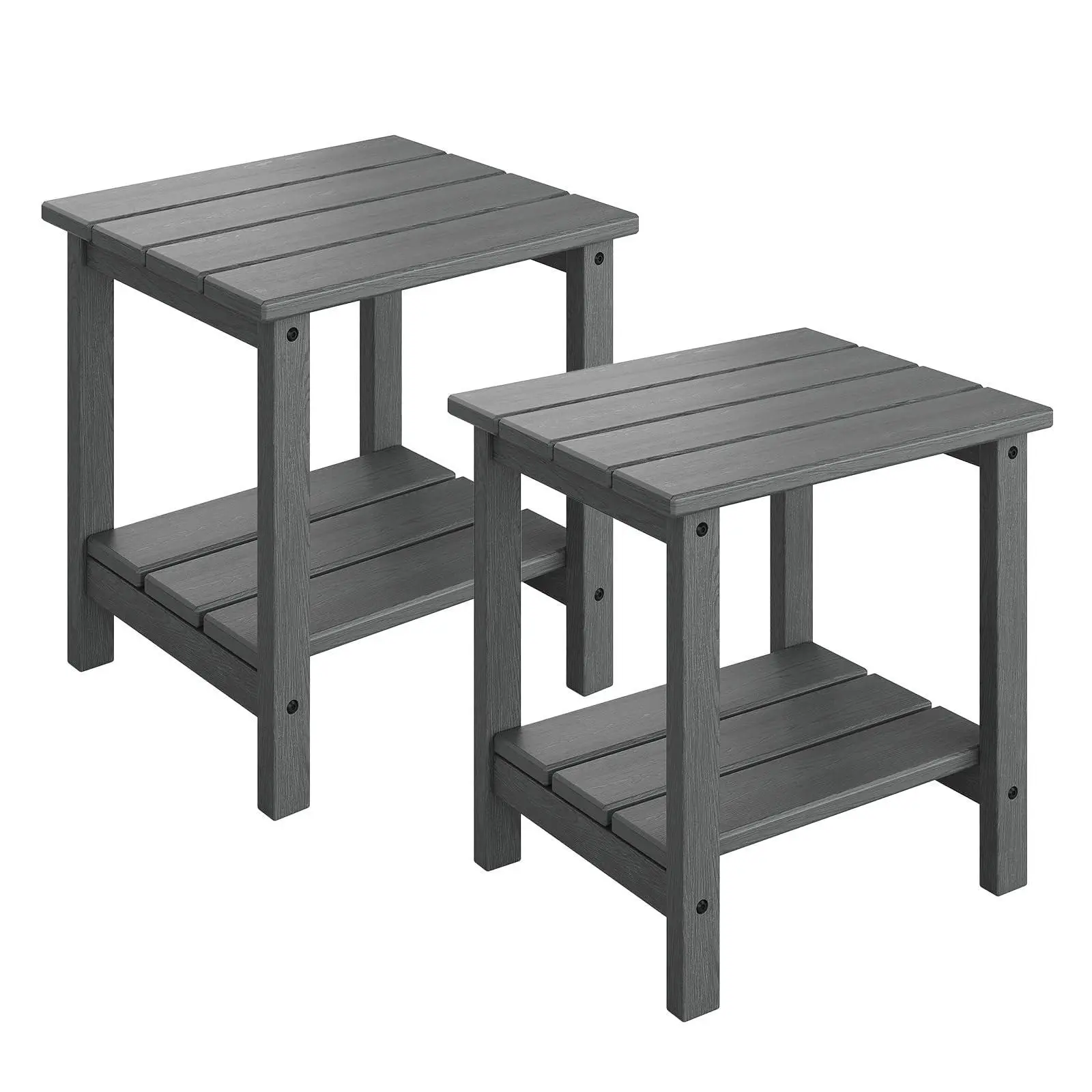 Set of 2 Outdoor Side Tables with Lower Shelf, 2-Tier Design with Wood Finish, Side Table for Garden, Terrace, Balcony or Pool, 46 × 40 × 41 cm, Grey