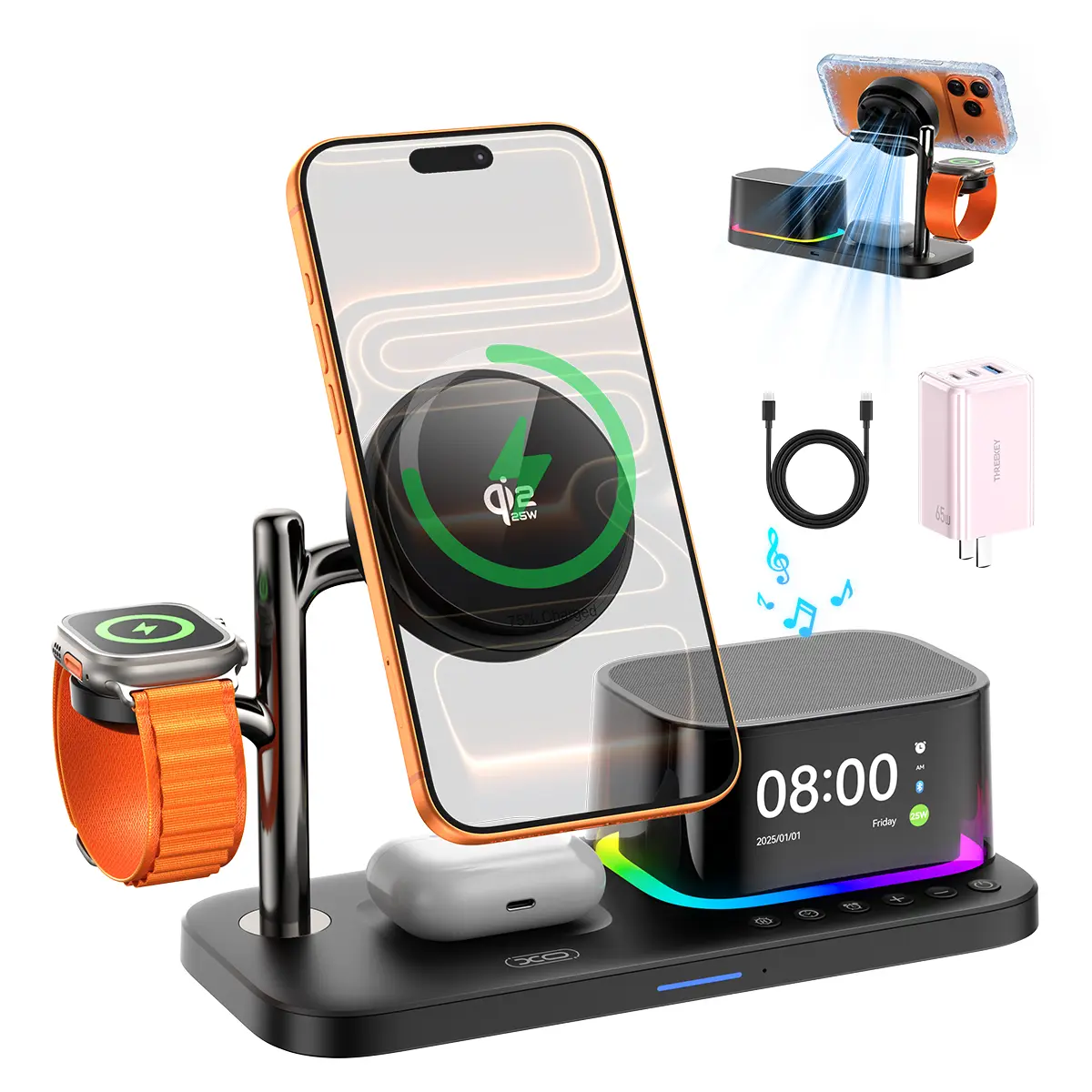 [5-in-1 Magnetic Charging Station + 65W Charger] MagSafe Wireless Fast Charger with Bluetooth Speaker, Alarm Clock, 360° Stereo Sound, Instant Cooling Fan, Night Light for iPhone, Galaxy S26 Ultra, iPhone Watch, AirPods, Smartphone, Mobile Device, Cellpho