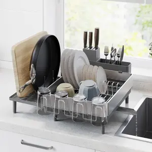 Large Dish Drying Rack, Expandable Dish Dryer for Kitchen Counter, Stainless Steel Dish Rack with Rotatable Spout, Utensil, Cup, Glass, Cutting Board, Pan Holders, Silver and Gray