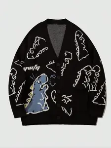 Men's Cartoon Dinosaur Print Pocket Button Front Cardigan, Loose Casual Drop Shoulder Long Sleeve V Neck Knitwear for Spring & Fall, Fashion Men's Knit Clothing for Daily Wear