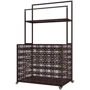 Wicker Pool Float Storage Organizer, PE Rattan Pool Float Holder with Basket Shelf Towel Bars, Rolling Pool Caddy for Floaties, Noodles, Life Vests, Beach Balls, Mixed-Brown
