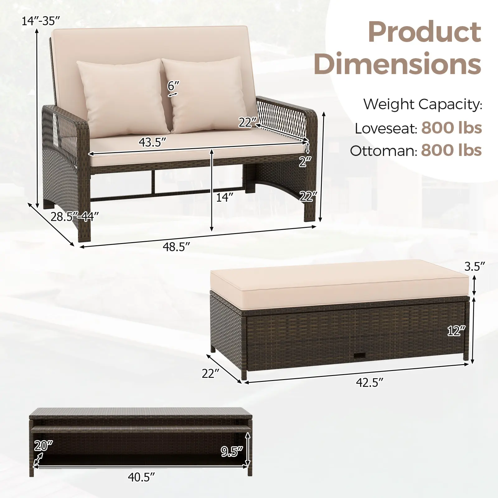 COSTWAY - Patio Adjustable Wicker Daybed with 4-Level Backrest and Soft Cushions-Beige