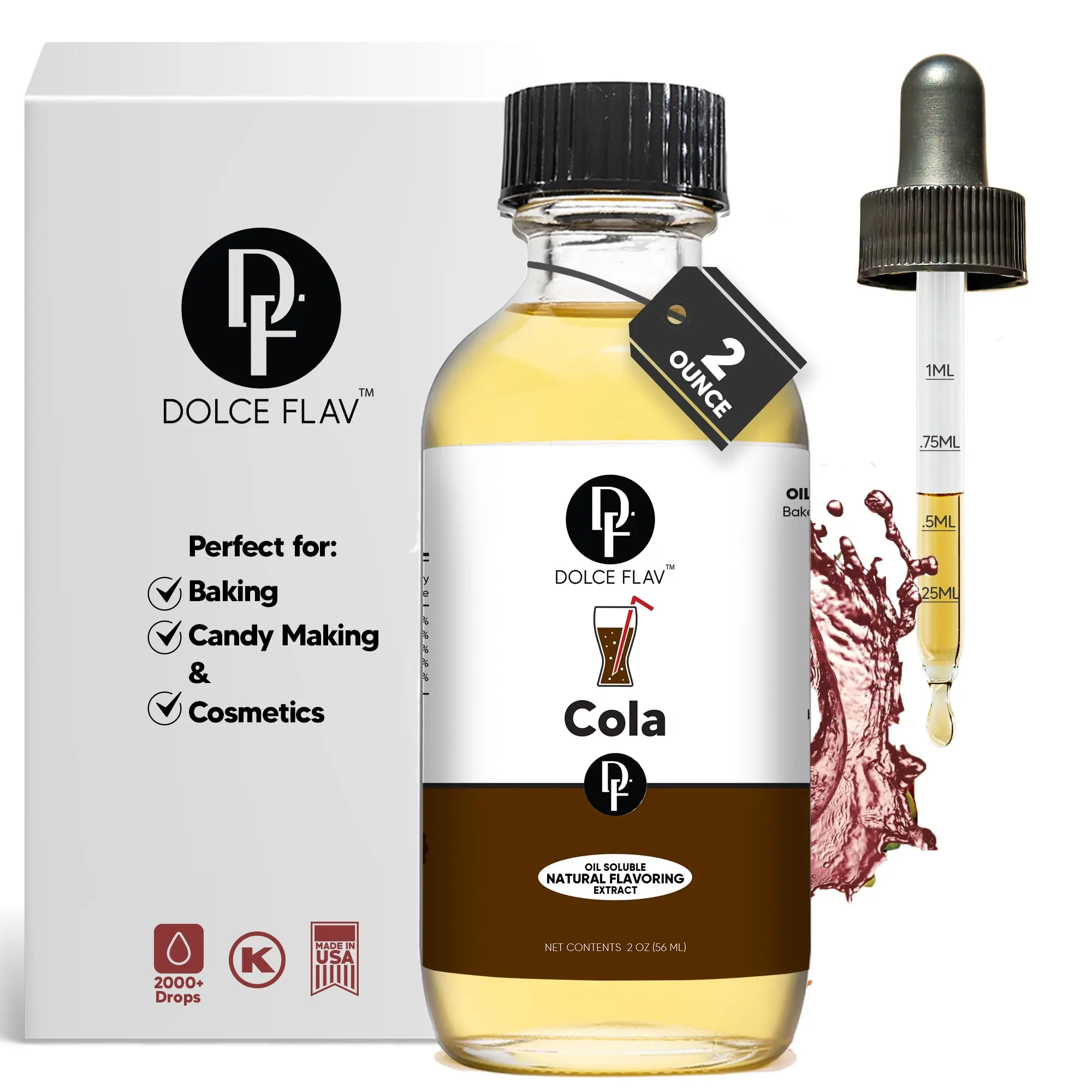 Dolce Flav 2 Ounce Oil-Soluble Cola Flavoring - Natural Sweet Vanilla & Citrus Aroma - Ideal for Baking, Candy Making & Cosmetics - Dye-Free & Alcohol-Free - 2000+ Drops per Bottle