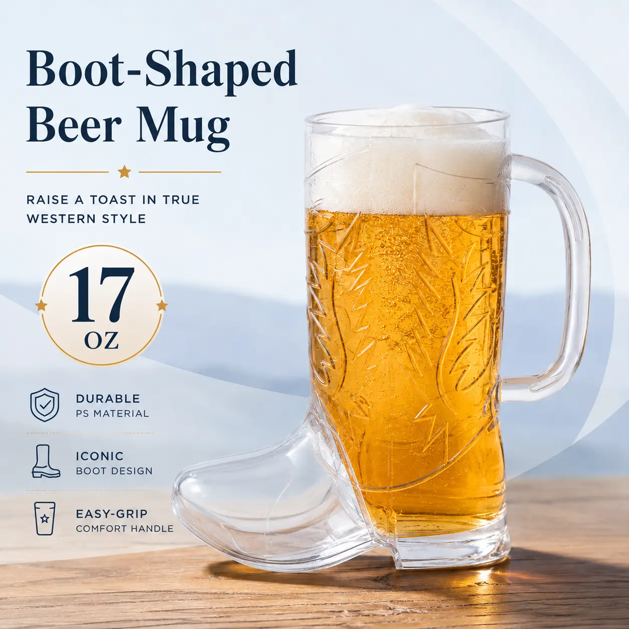 17 oz Cowboy Boot Mugs, Reusable Clear Plastic Western Drinking Cups with Handles, 2/4/8 Pack for Parties, BBQs, Rodeos and Gifts