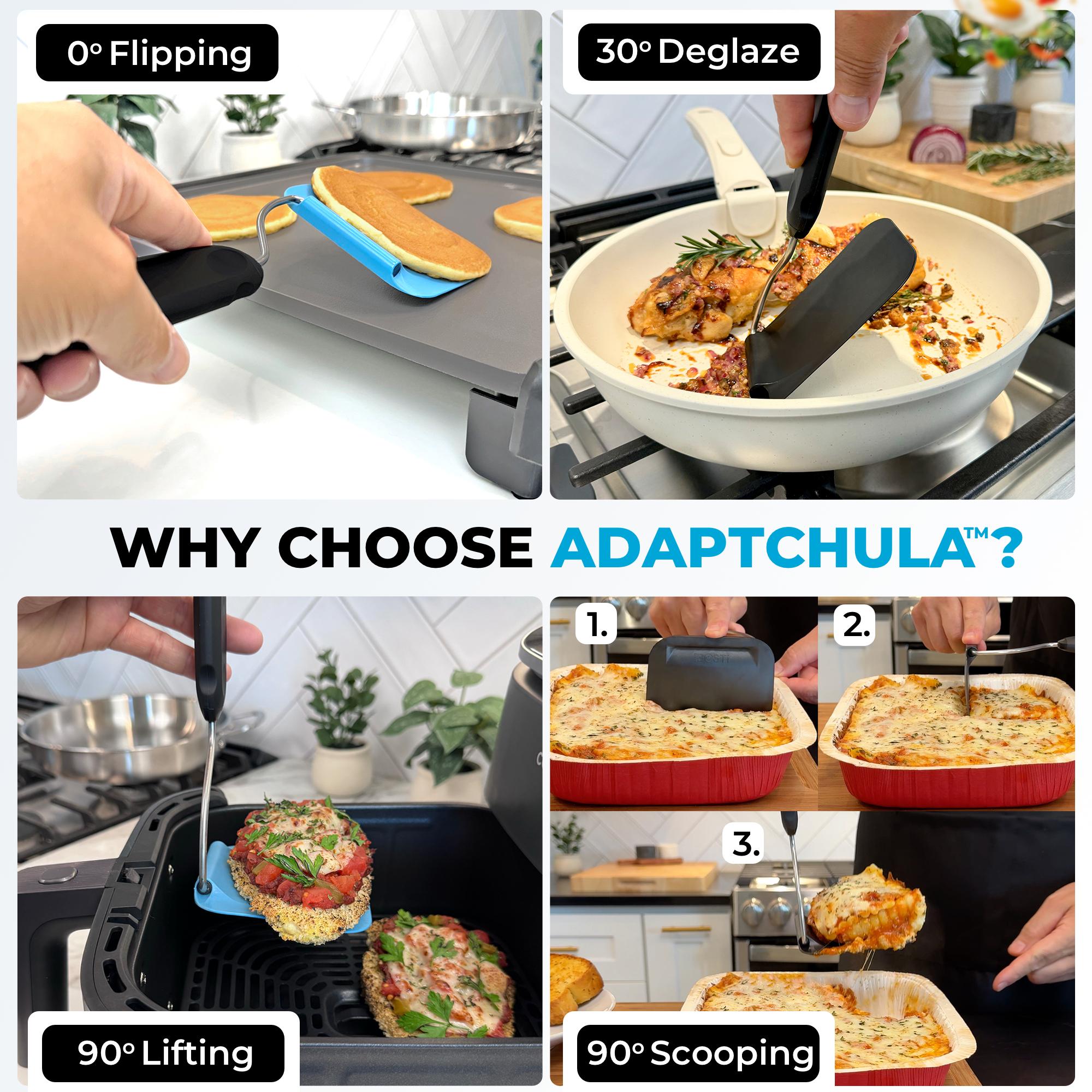 Adaptchula™ - Spatula with adjustable angles, a must have kitchen gadget!  Kitchen accessories should serve a purpose!  Perfect for Air Fryers, griddles and everything in-between! Includes 2 Spatula heads made from PPSU - BPA/BPS and PFAS free.  Non-Toxic