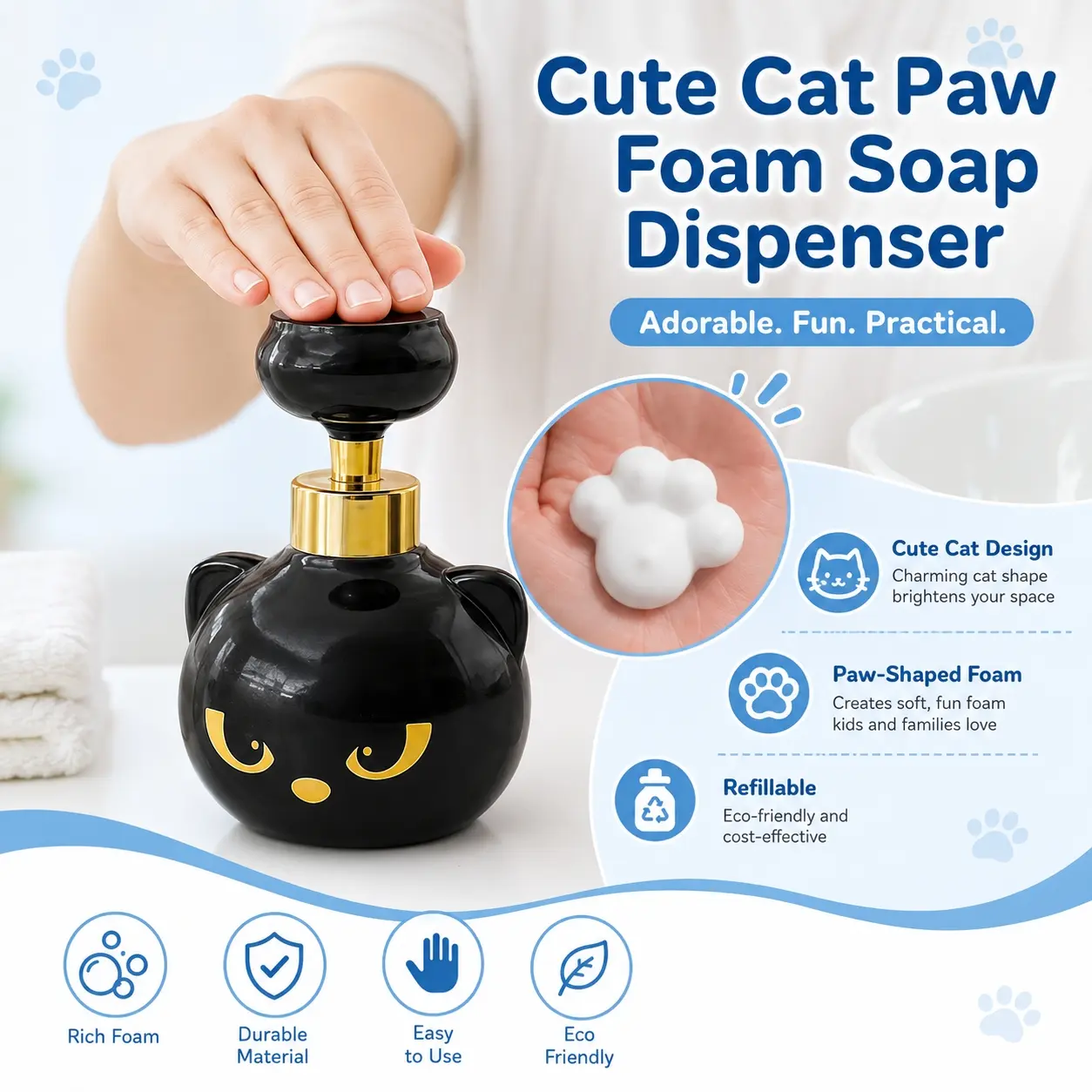 Adorable Black Cat Paw Foam Soap Dispenser, Refillable Eco-Friendly Pump Bottle for Hand Soap, Cute Bathroom & Kitchen Accessory, Perfect Gift for Cat Lovers, Valentine's Day & Birthday,Halloween and Christmas gifts