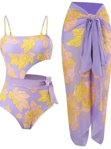 Women's Leaf Print Asymmetrical Slim-Fitting One-Piece Swimsuit Set, Casual Sleeveless Beachwear for All Seasons