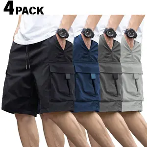 Menswear 4-Pack Loose-Fitting Athletic Cargo Shorts, Stylish Sports Clothes, American-Style Drawstring Elastic Waistband, Quick-Dry Fabric, Flap & Large Pockets, Loose Straight Cut for Various Body Types, Summer Outdoor Casual, Multiple 