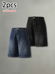 Available in packs of 4, 3, or 2; men’s washed distressed denim shorts—summer loose fit, trendy retro deconstructed patchwork design, casual and versatile athletic men’s denim shorts.summervibes