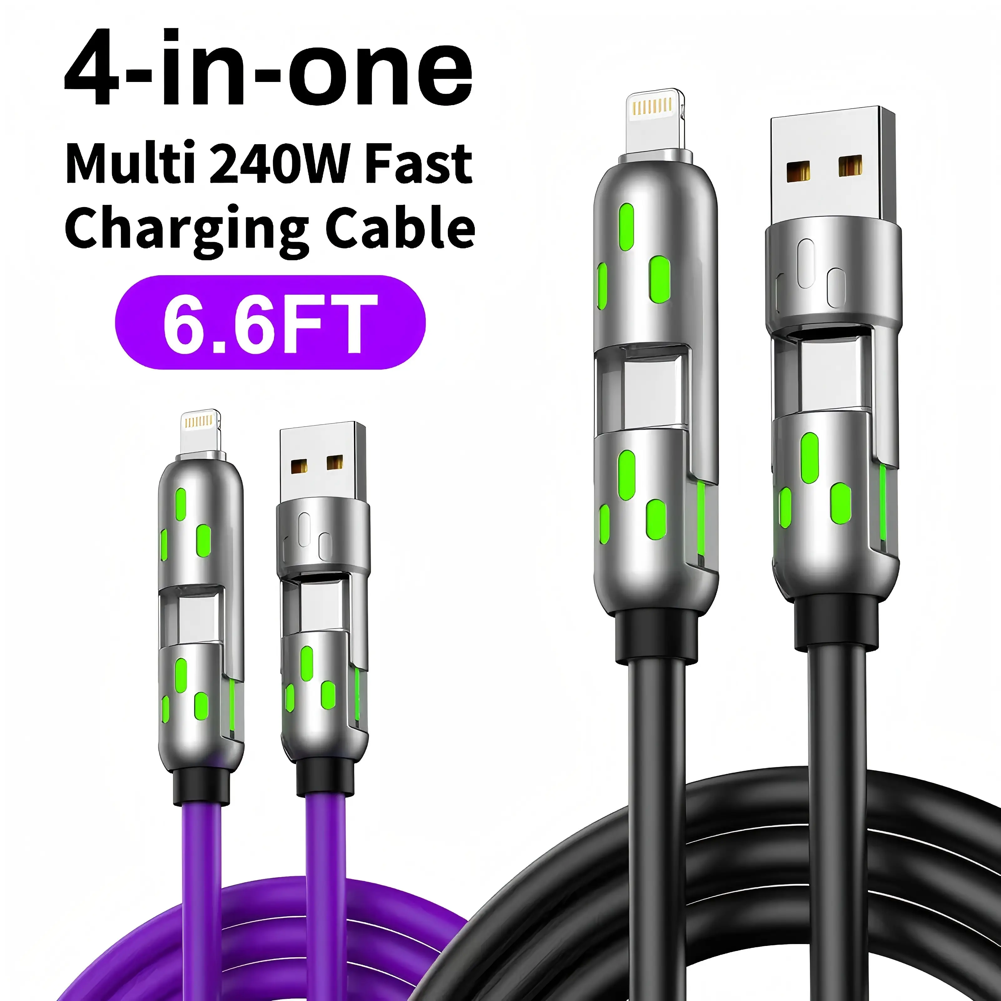 [Buy 1 Get 1 Free] 6.6FT 4-in-1 Fast Charging Multi USB Charging Cable with USB A,Type C,Lightning-MAX65W & Data Sync for iPhone16/15,iPad Pro, fast