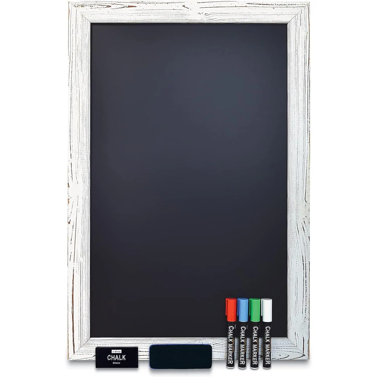 Wall Mount Rustic Pine Wood Wall Chalkboard - 20"x30" X-Large Size, Heavyweight Metal Frame, Vertical/Horizontal Mount, Includes 4 Chalk Markers, Chalk, Easy-to-Clean Eraser (Whitewash)