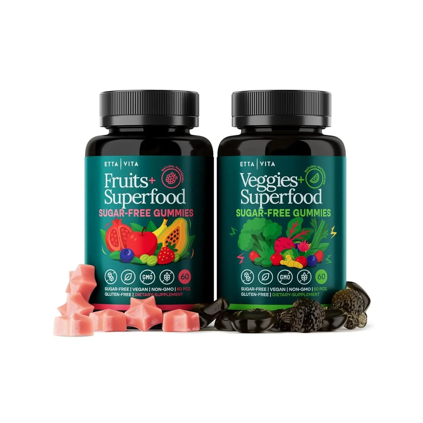Sugar-Free Fruits & Veggies Gummies | Vitamins & Minerals | Super Greens Botanical Blend | 120 Chews | Vegan, Gluten-Free | Made in USA