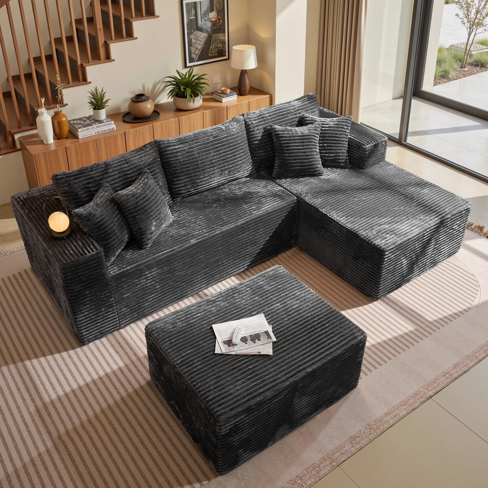 Gray Corduroy Right Chaise With Ottoman