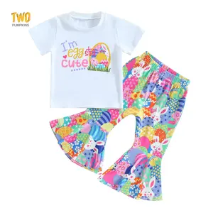 Toddler Baby Girl Easter Outfit Bunny Letter Short Sleeve T-shirt Tops Bell Bottom Pants Set Kids Summer Clothes