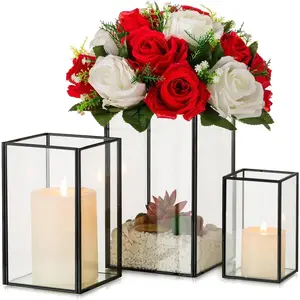 Glass Hurricane Candle Holder Large -  3 count Black Rectangle Flower Holders Centerpiece for Table, Tall Floor Square Pillar Candle Lantern for Wedding, Anniversary, Party, Fireplace, Dining Room