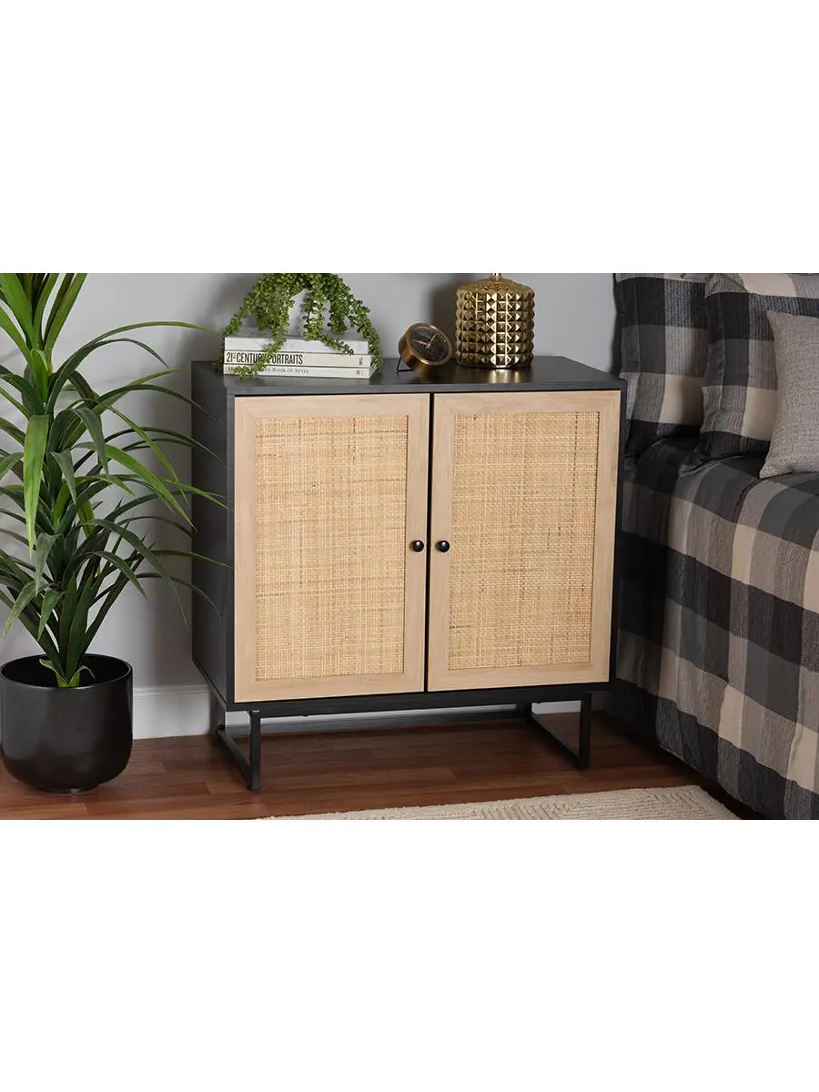 Baxton Studio Declan 2-Door Entryway Storage Cabinet - Indoor Furniture, Mid-Century Modern, Espresso Brown Wood, Natural Rattan Construction, 51.1 lbs, Assembly Required