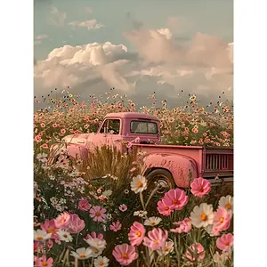 Flower Paradise Diamond Painting Kit - Full Diamond Round Canvas Tool Bag, 5D Diamond Art DIY for Beginners, Vintage Pink Truck and Floral Design, Frameless Mosaic Wall Decor, Suitable for Living Room or Bedroom