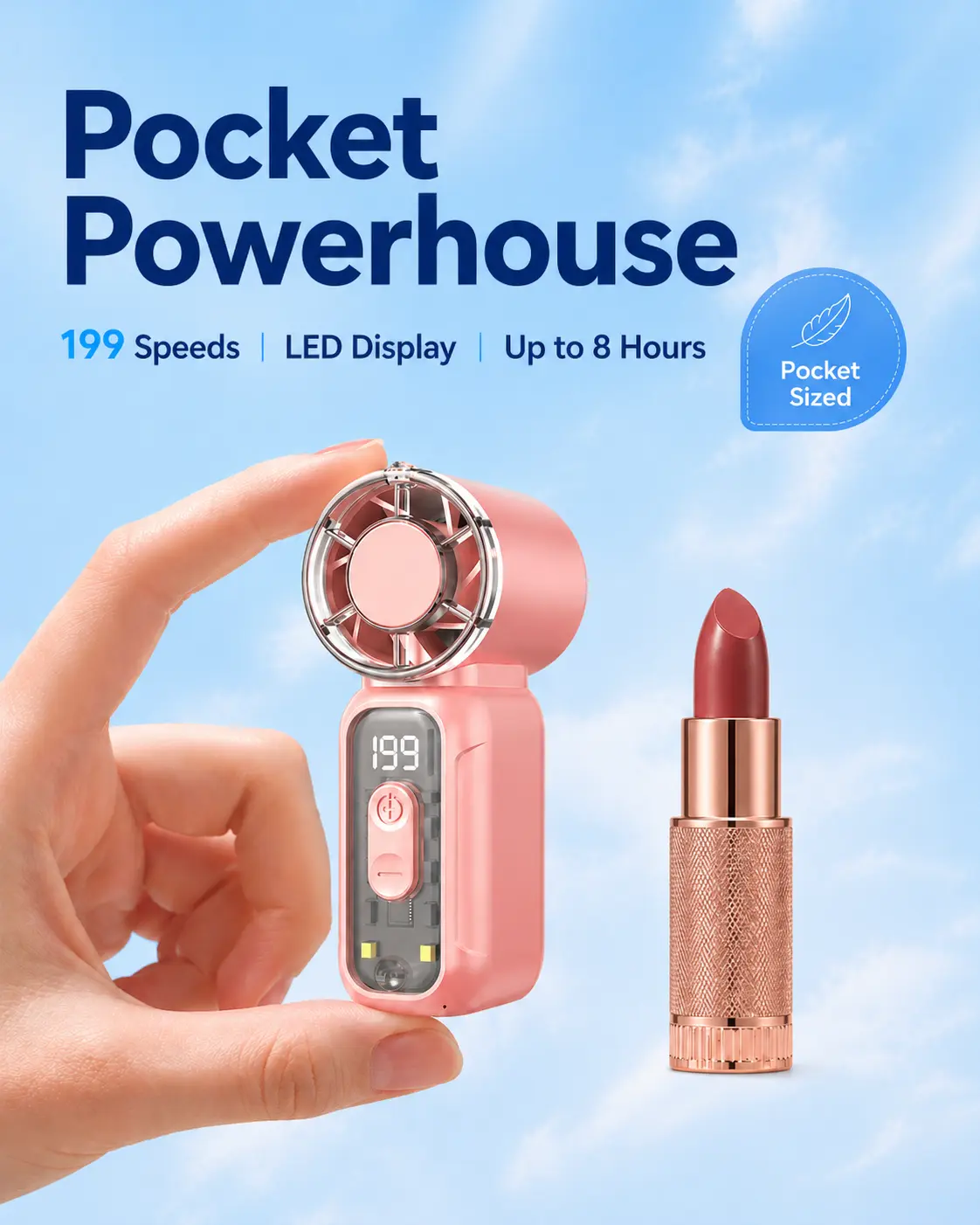 Rechargeable Pocket Design Small Fan - 199-Speed Stepless Turbo Powerful Battery Operated Cordless Handheld Cooling Device, Ideal for Travel, Makeup Drying, Portable Fan in Club