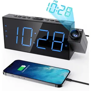Projection Alarm Clock for Bedroom, 7" Blue LED Display with Adjustable Projection Brightness, Gradual Volume Dual Alarms, 180 °   Rotatable Ceiling Projector, USB Charger, Snooze, DST, Battery Backup
