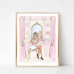[SALE UP TO 50% - UNFRAMED] Vanity Art Print, Glamorous Fashion Illustration, Makeup Room