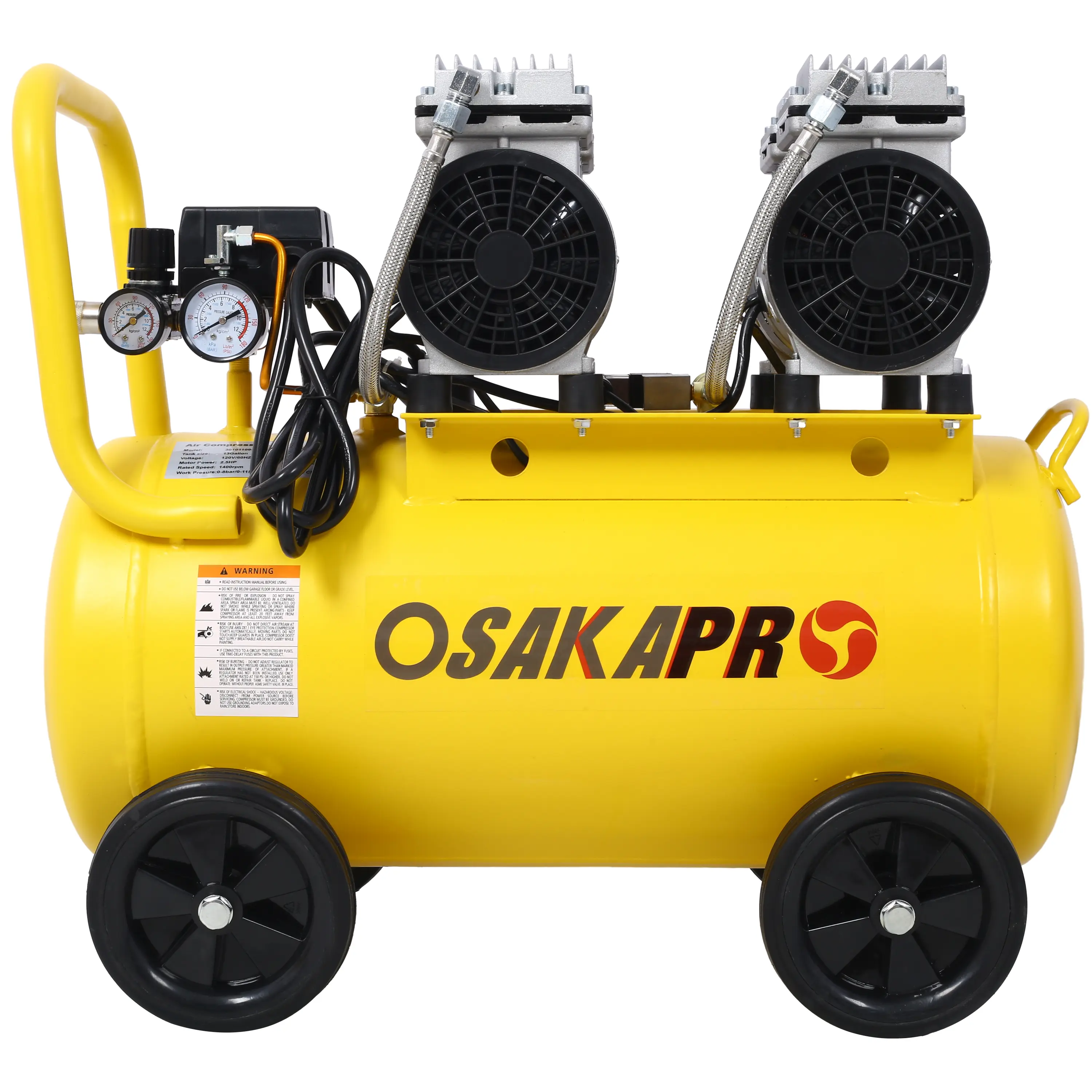 Hdmw 2.5 HP Silent Air Compressor 13 Gallon, Oil-Free, Electric Shop Air Compressor Portable,Lightweight with Wheels, 70 dBA Noise Level, with Automatic Drain Valve,Yellow