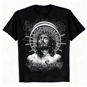 Jesus Saves Crown of Thorns Graphic T-Shirt for Men, Vintage Religious Christian Faith Casual Short Sleeve Crewneck Tee, Soft Cotton Spiritual Bible Verse Shirt