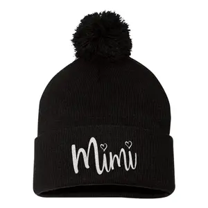 Mimi Gift Idea Grandma Aunt Embroidered Knit Beanie Pom Cap