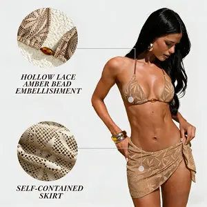 Sand Beige Vintage Palm Leaf Lace Cutout Bikini Set with Tie Sarong – Spicy Beach Vacation Style Sexy Fishnet Shell Halter Bikinis Set, Casual Tie Back Triangle Swim Bra & Tie Side Swim Bottom & Self-Knot Cover Up Skirt Set, Summer Swimsuit, Bathing Suit