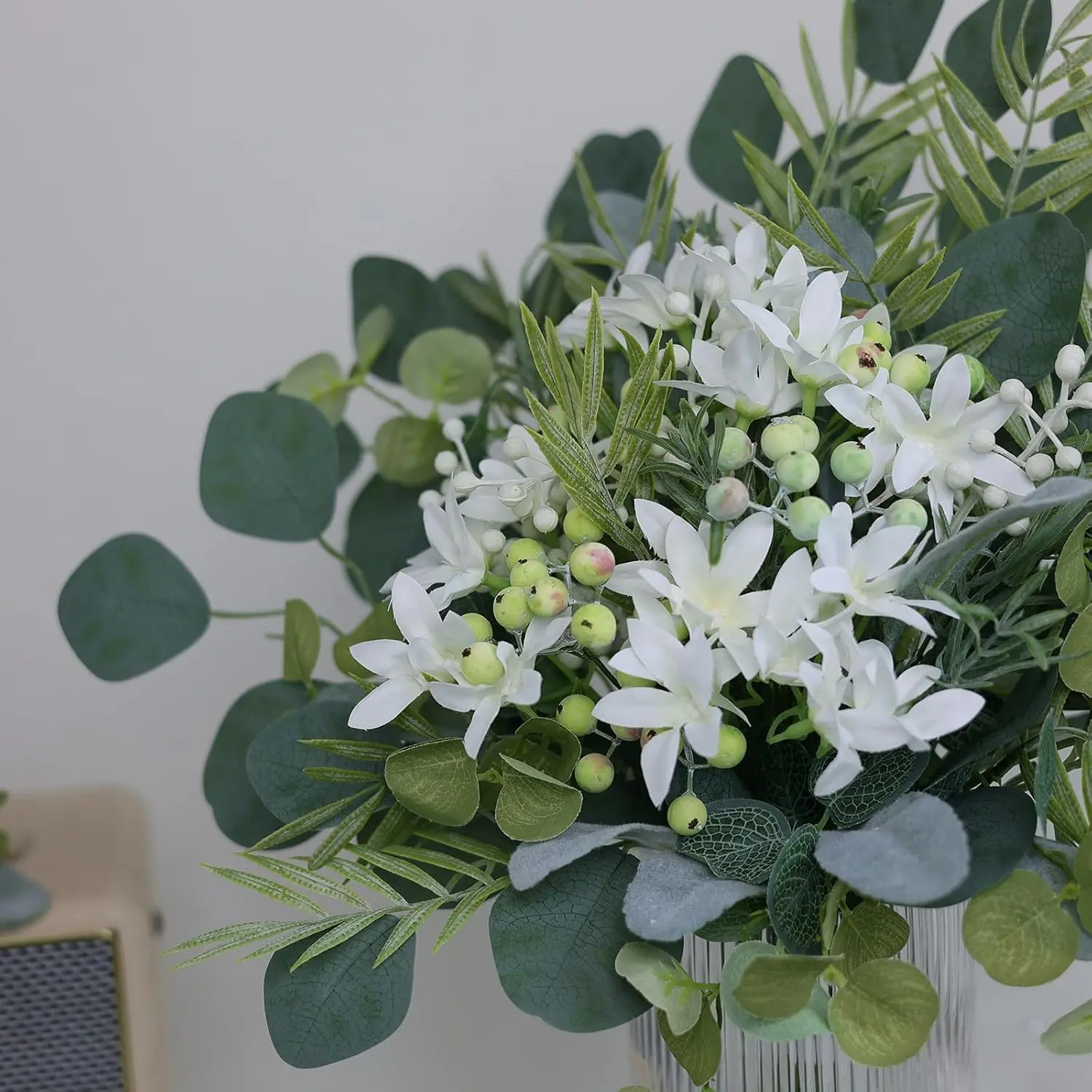 75pcs Lifelike Sage Green Decorative Artificial Greenery Stems Box Set - 8 Kinds of Silk Bamboo Leaves, Eucalyptus, Rosemary, Silver Dollar Faux Plants, Floral Fake Berry Flowers for DIY Wedding Bouquets, Home Improvement Decor