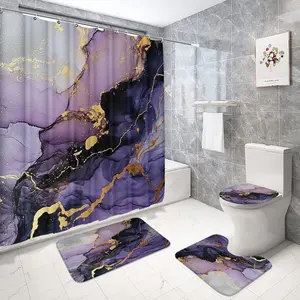 Marble Pattern Shower Curtain Set, Bathroom Decor, Bathroom Decoration Accessories, 12 Hooks, Non-Slip Bath Mat, U-Shaped Pad, Toilet Seat Cover, Home Gift