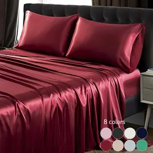 Solid Color Satin Bedding Set, 3/4 Counts Includes 1 Flat Sheet, 1 Fitted Sheet, and 1/2 Pillowcase without Filler, Soft Mattress Protector, Room Accessories, Satin Bed Sheets