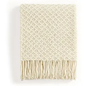Farmhouse Boho Knitted Throw Blanket for Couch Sofa Chair Bed  Decoration, Soft Warm Cozy Light Weight for Spring Summer Fall (50''X60'' Beige)