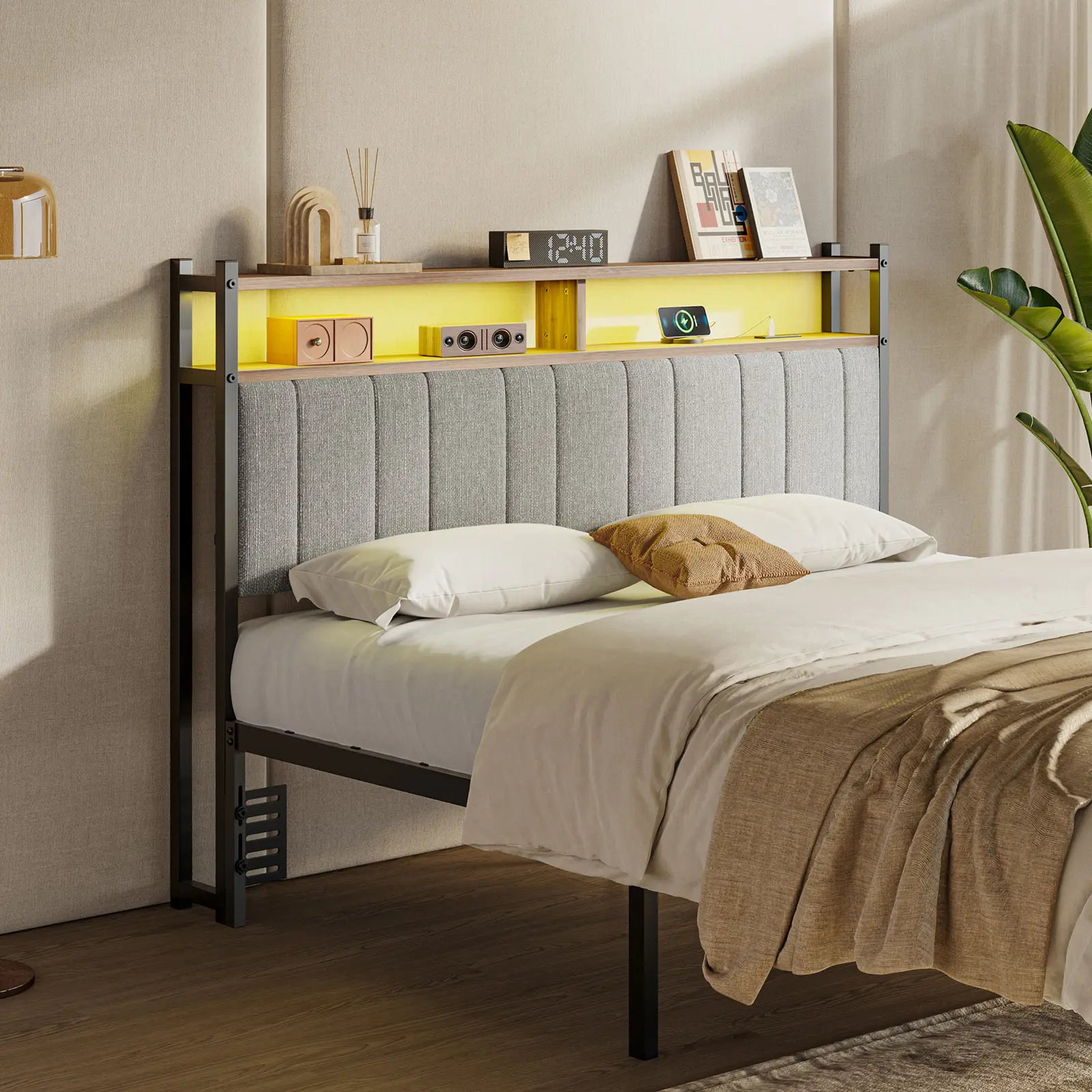 Pinmoco Fabric Upholstered Headboard with Storage, Linen Cover, LED Light and Charging Station (Headboard Only), Fabric Headboard